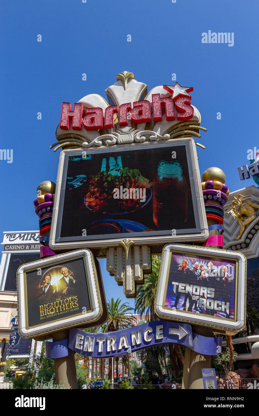 Sign at the entrance to Harrah's Las Vegas Hotel and Casino on The Strip, Las Vegas, Nevada, United States. Stock Photo