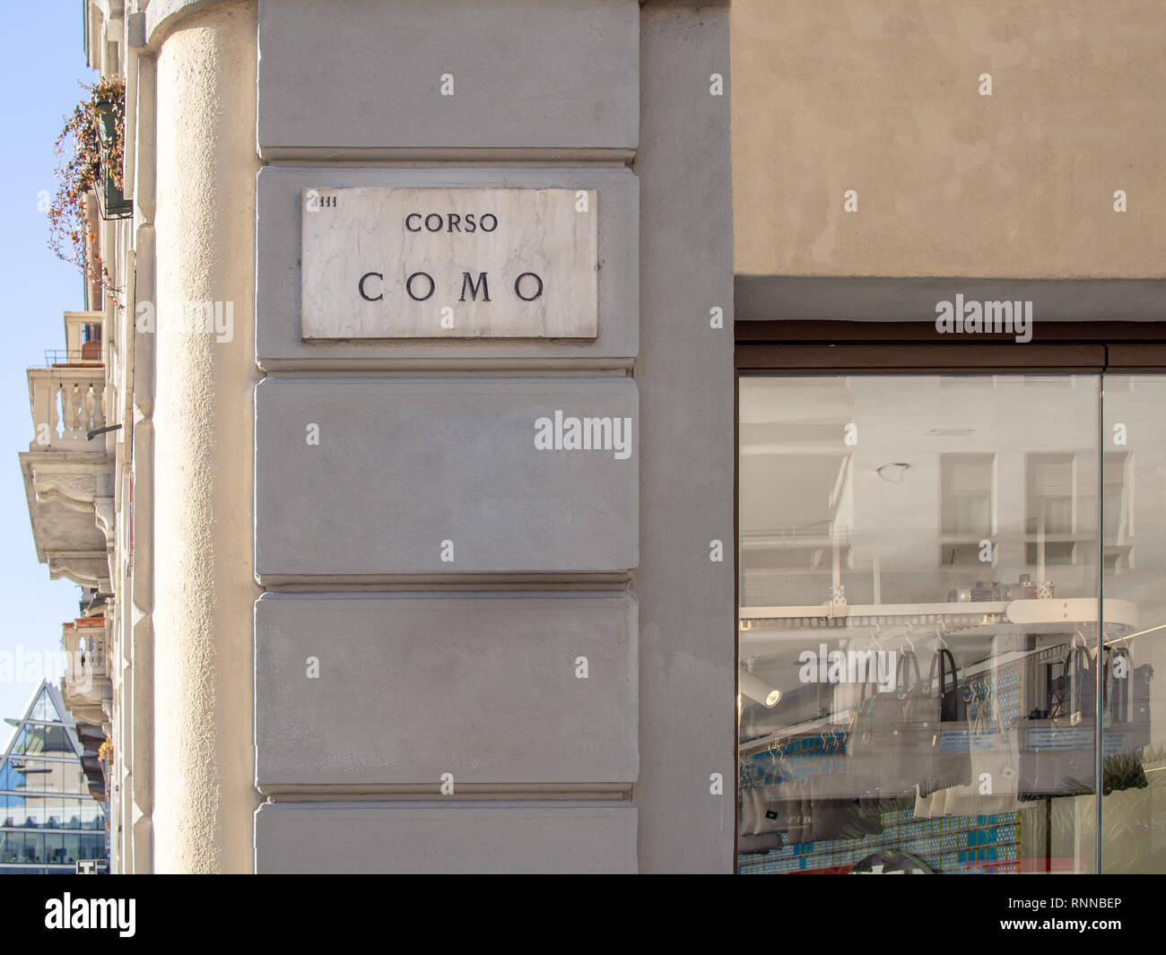 Corso Como street plate on the wall. Milan, Italy. Stock Photo