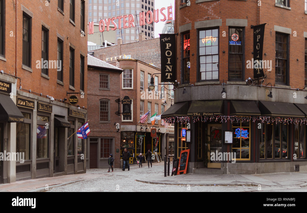 A look down the historic streets, at the beautiful brick architecture of Faneuil Hall, Boston Stock Photo