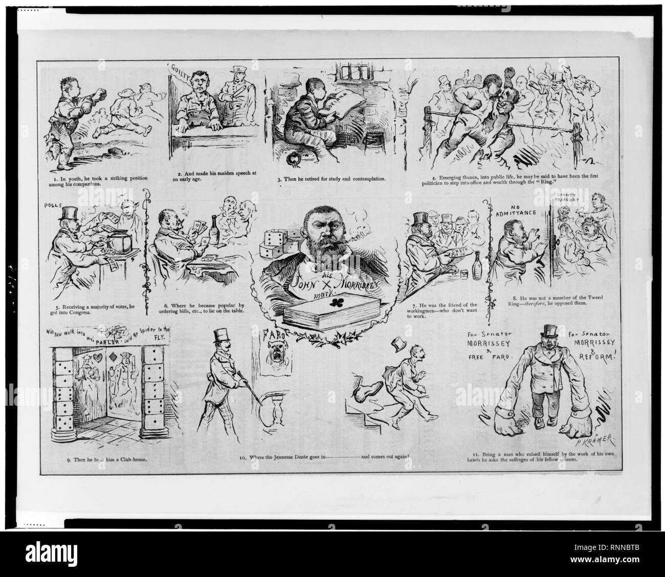Cartoon depicting scenes in the life of John Morrissey, showing him as a fighter, in jail, as a politician, etc.) - P. Kramer Stock Photo
