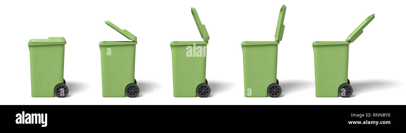 3d rendering of several light-green dumpsters in a row on white background. Trash pickup. Garbage removal. Clean cities. Stock Photo
