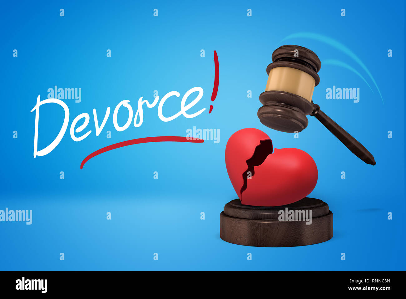 3d rendering of brown wooden gavel breaking red heart on round wooden block into two parts with 'DIVORCE' sign on blue background. Digital art. Feelin Stock Photo