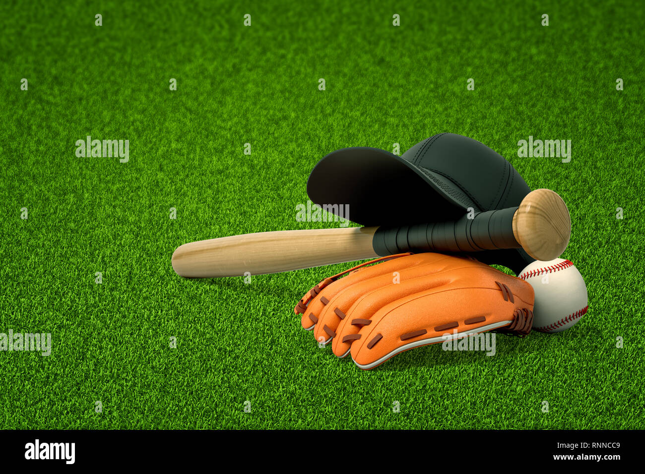 3d rendering of baseball bat ball and gloves on green field background. Games and sports. Outdoor activities. Sporting goods Stock Photo Alamy