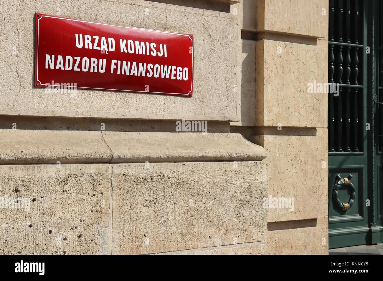 KRAKOW, POLAND - AUGUST 28, 2018: Urzad Komisji Nadzoru Finansowego (Financial Supervision Authority) sign in Krakow. Stock Photo