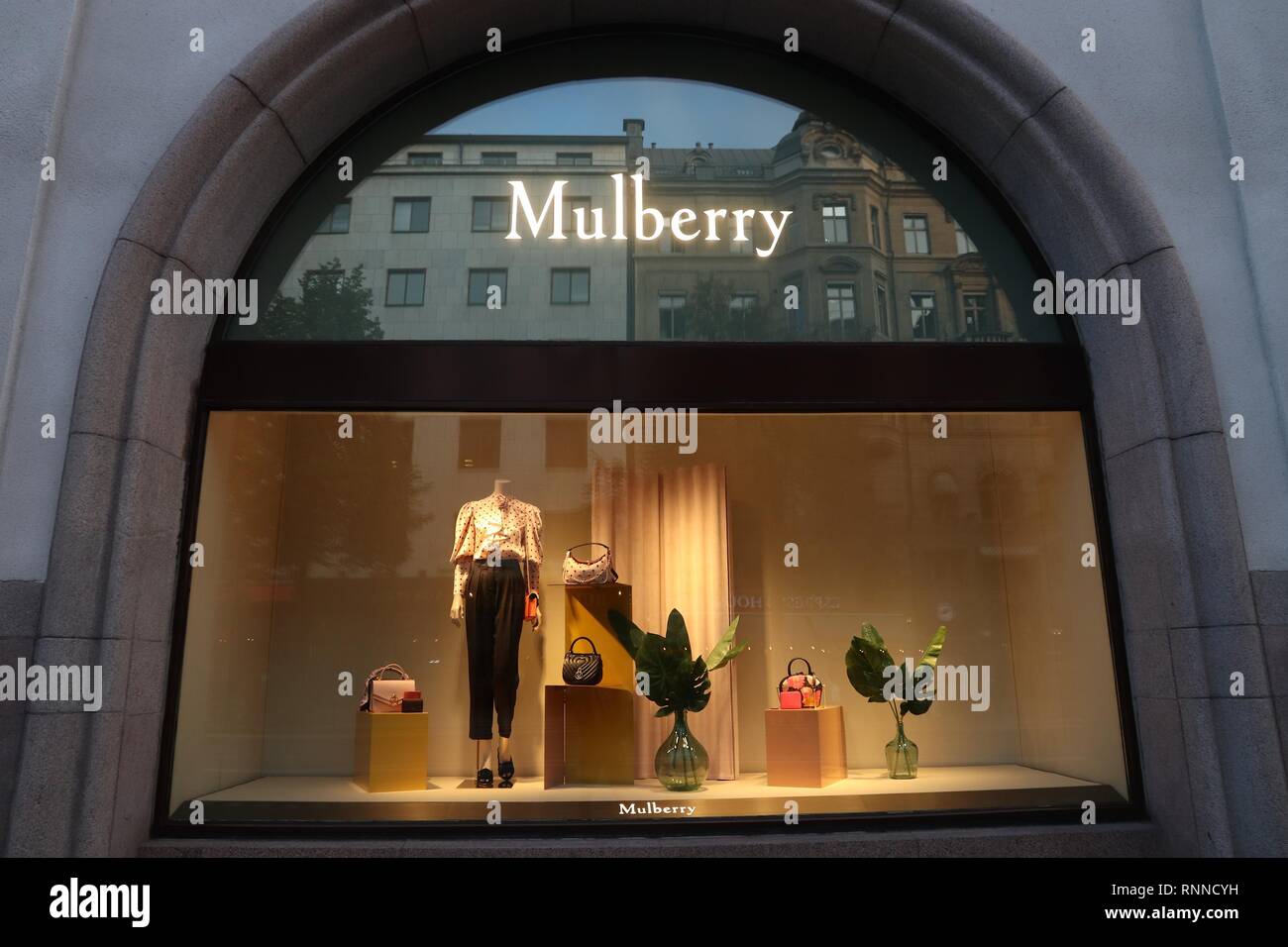 STOCKHOLM, SWEDEN - AUGUST 22, 2018: Mulberry fashion store in Stockholm, Sweden. Mulberry is a British luxury goods brand. Stock Photo