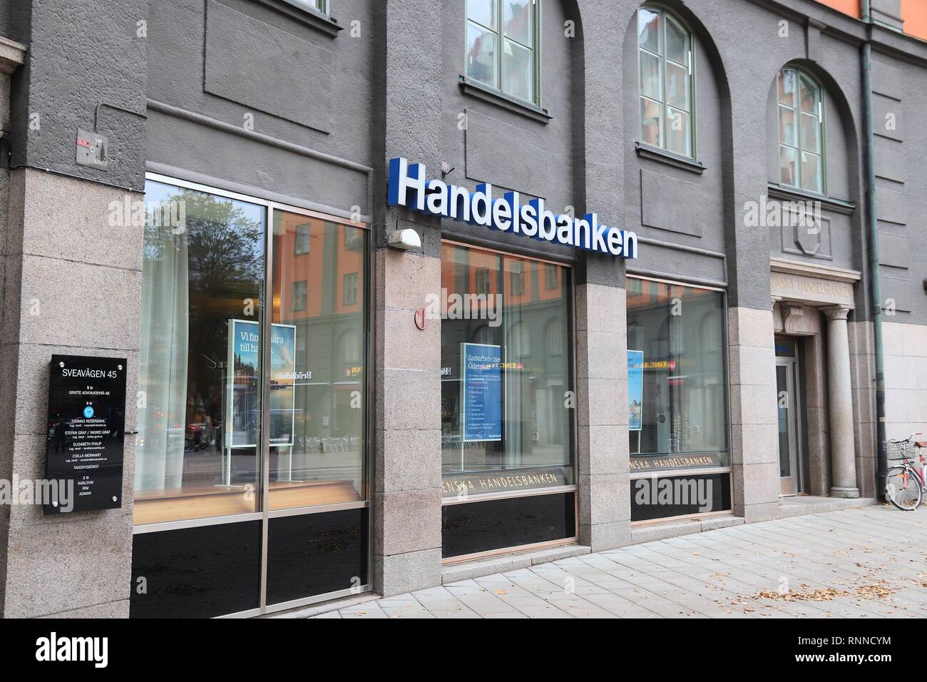 STOCKHOLM, SWEDEN - AUGUST 22, 2018: Handelsbanken bank branch in Stockholm, Sweden. It is one of largest banks in Sweden with 460 locations. Stock Photo