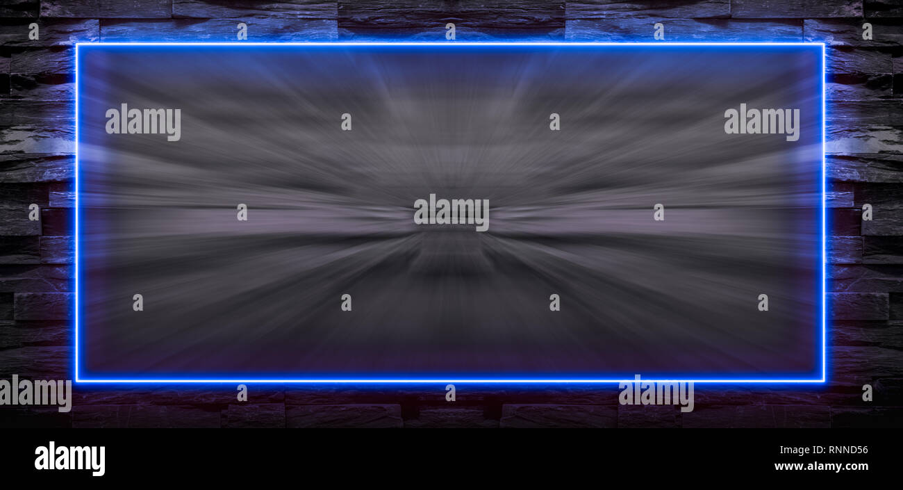 Blue neon light frame on stone background with motion blur. Copy space for text or product display. Stock Photo