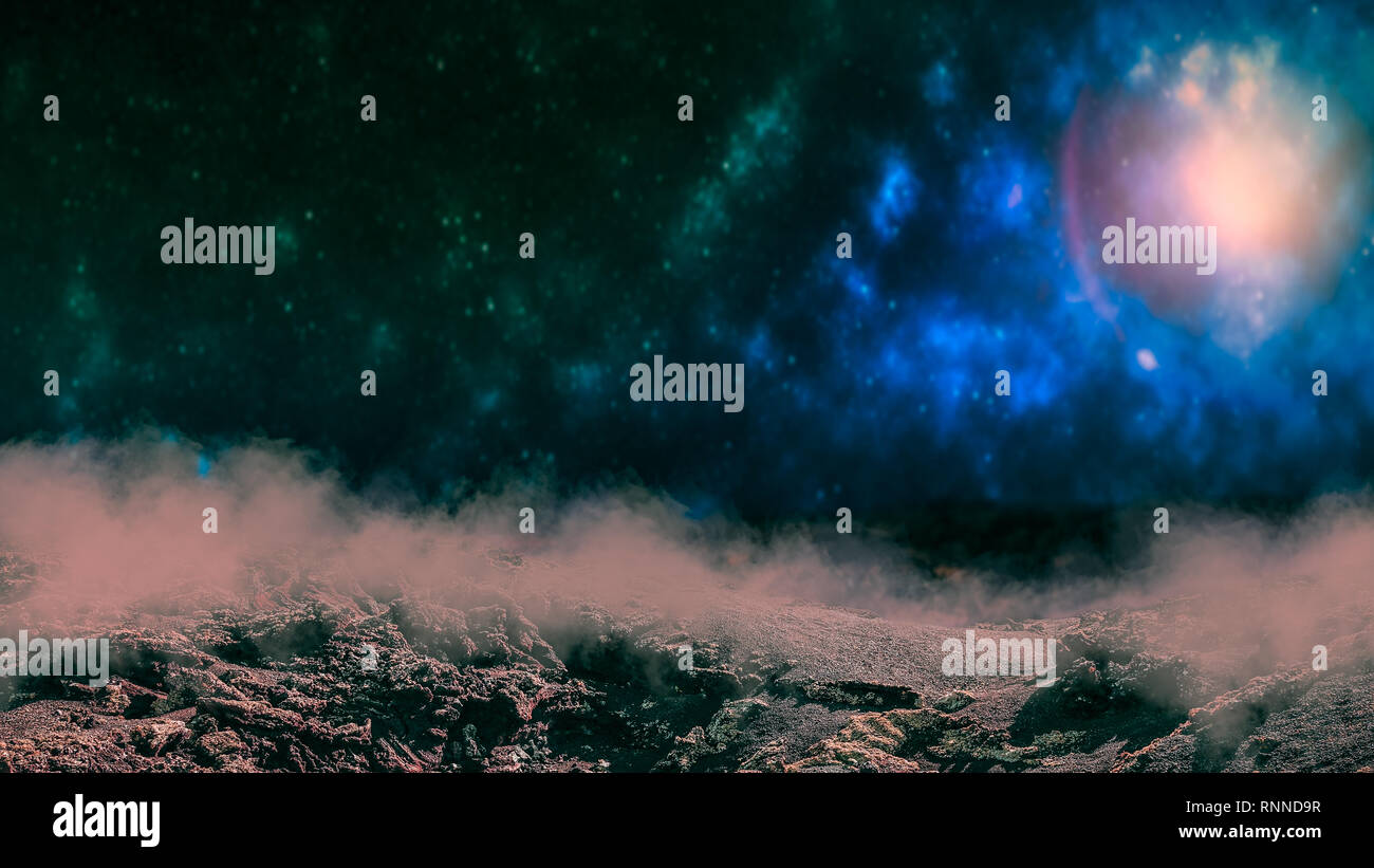 Outer space background. Smoke on barren landscape with galaxies and stars. Extraterrestrial alien planet. Stock Photo