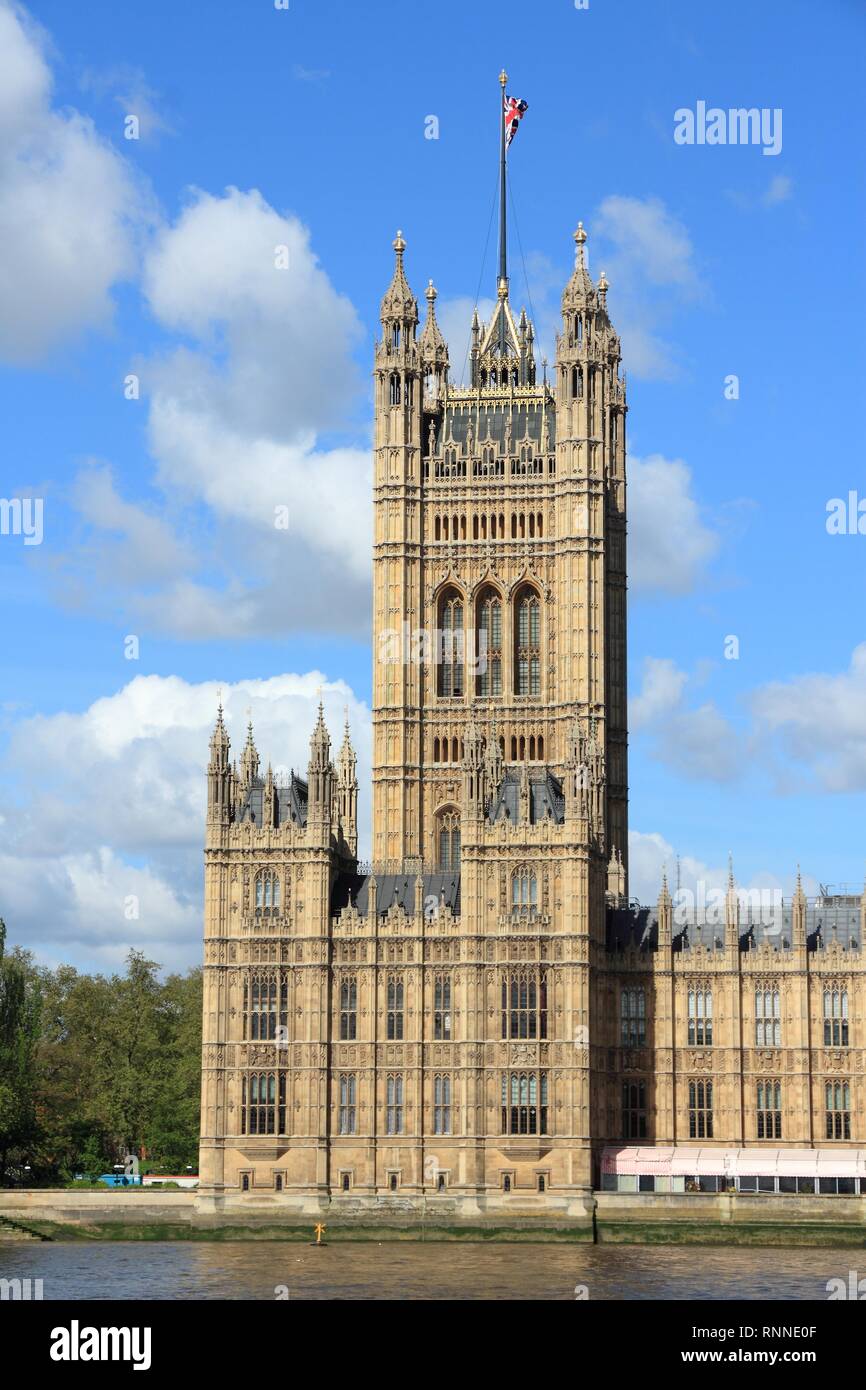 London, England - Palace of Westminster (Houses of Parliament) with Victoria tower. UNESCO World Heritage Site. Stock Photo