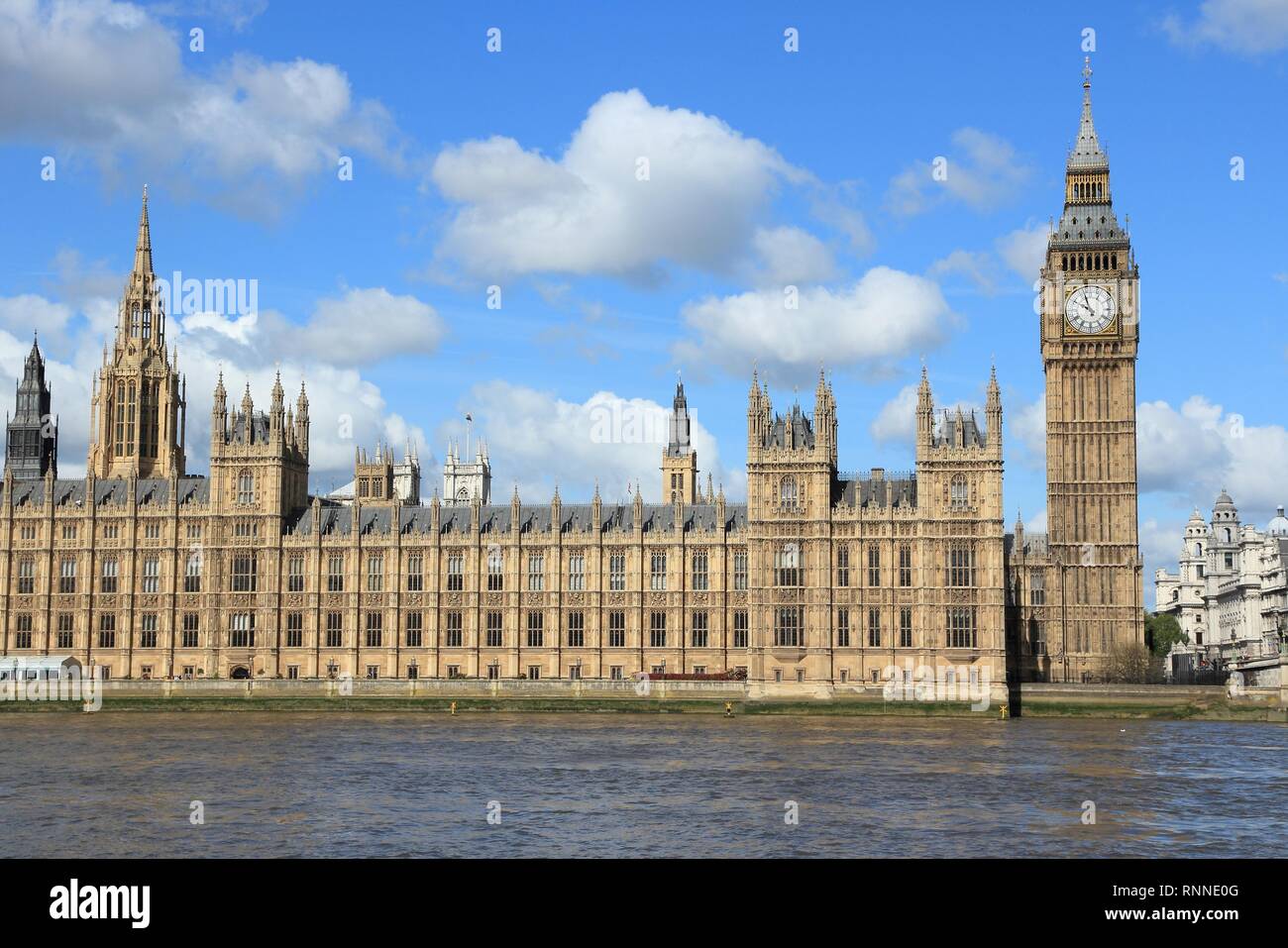 London, UK - Palace of Westminster (Houses of Parliament) with Big Ben clock tower. UNESCO World Heritage Site. Stock Photo