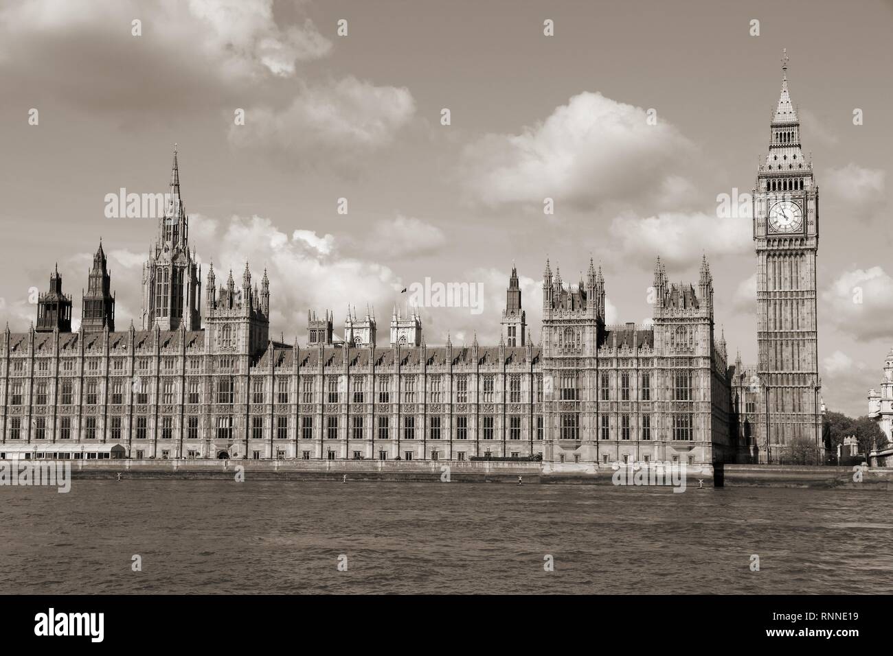 London, United Kingdom - Palace of Westminster (Houses of Parliament) with Big Ben clock tower. UNESCO World Heritage Site. Sepia tone - filtered retr Stock Photo