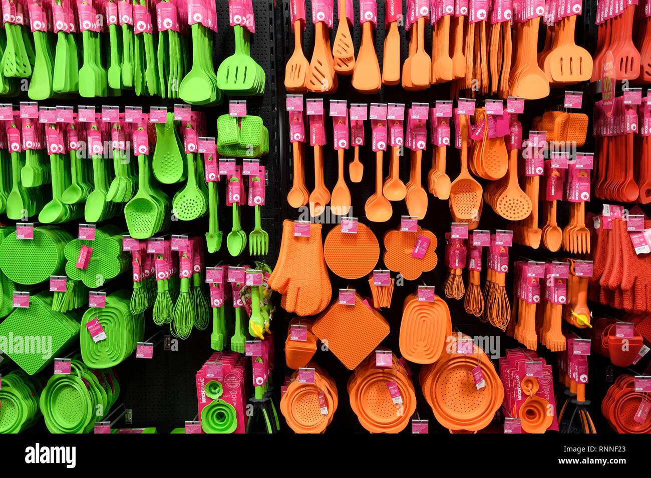 Various cooking utensils made of plastic, background picture, Germany Stock Photo