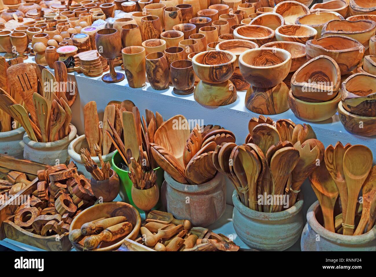 Various kitchen utensils and pots made of olive wood, Germany Stock Photo