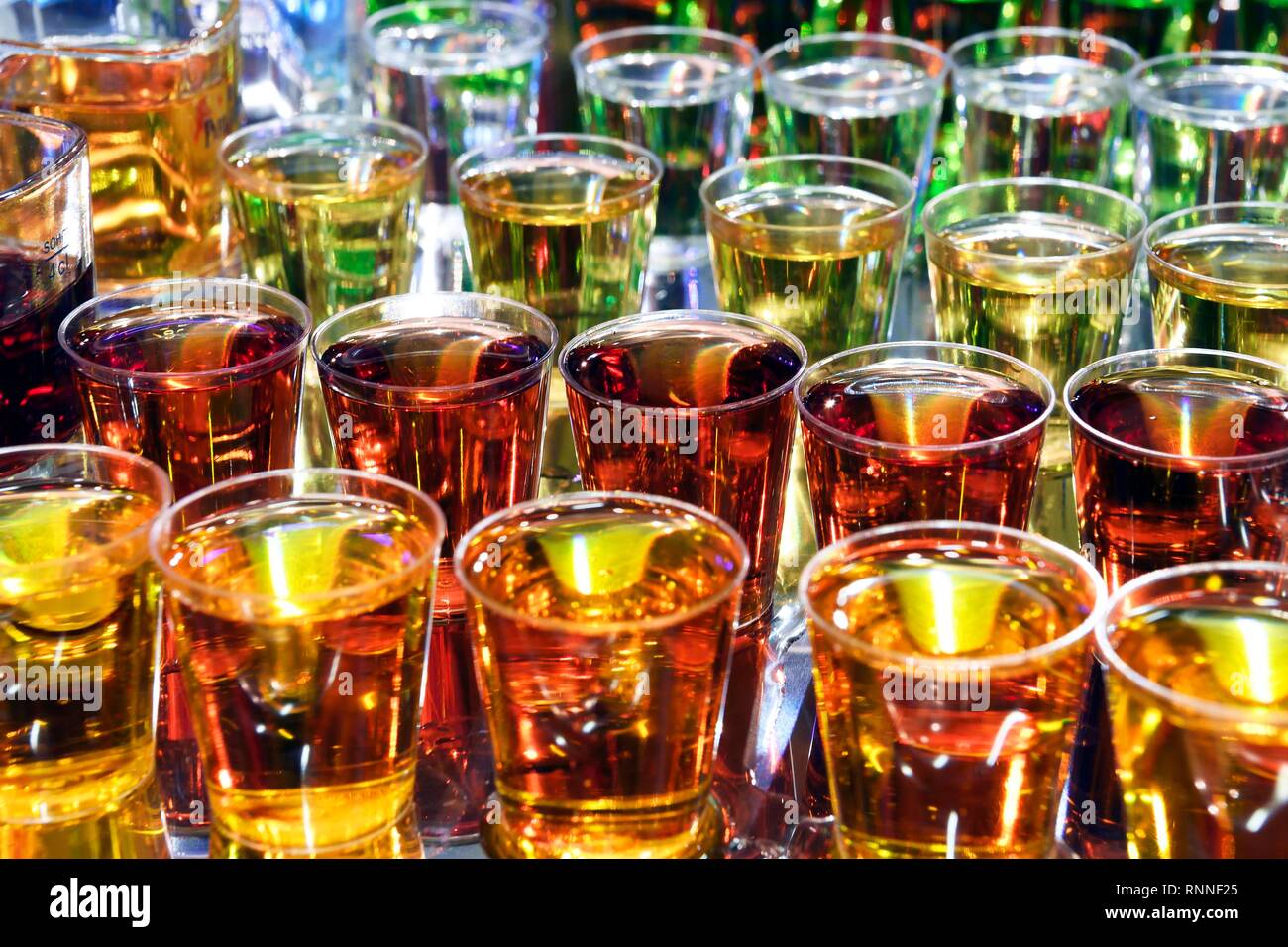 Various varieties of colorful vodka, wallpaper, Berlin, Germany Stock Photo