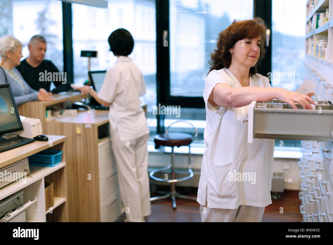 Pharmacist seeking medicine, Pharmacy, Czech Republic Stock Photo