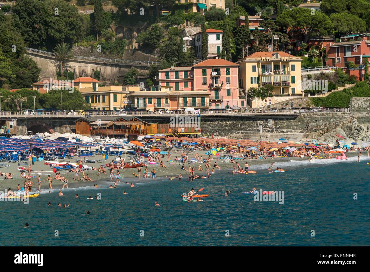Tourists at the beach of Levanto, Riviera di Levante, Liguria, Italy Stock Photo