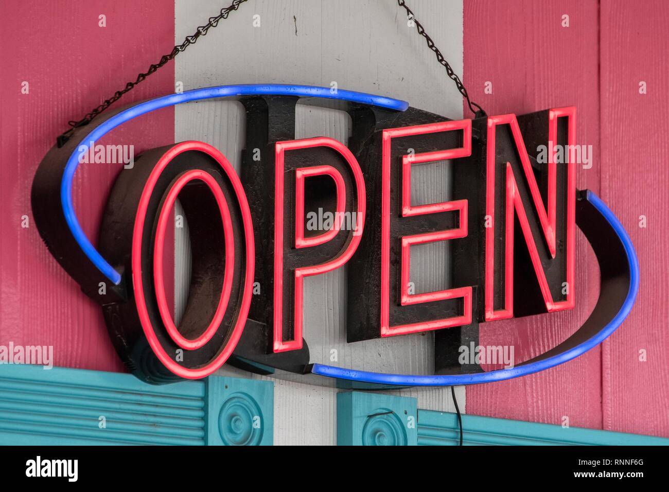 Illuminated Advertising Open at Restaurant Twistee Treat Diner and Pink Elephant Antique Mall, Route 66, Livingston, Illinois Stock Photo
