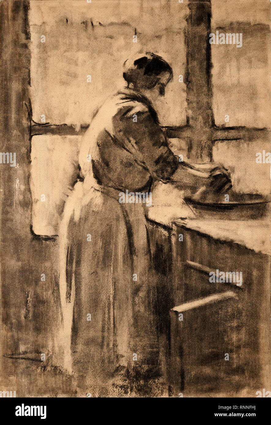 AJAXNETPHOTO. 2019. ENGLAND. - EARLY 20TH CENTURY ART - UNSIGNED ARTWORK OF WOMAN WITH APRON PERHAPS MAKING PASTRY (INDISTINCT); AQUATINT AND CHARCOAL OR GRAPHITE. PHOTO:© IN THIS DIGITAL COPY OF THE ORIGINAL WORK/AJAX NEWS & FEATURE SERVICE. SOURCE: PRIVATE COLLECTION. REF:GX191702 20006 Stock Photo