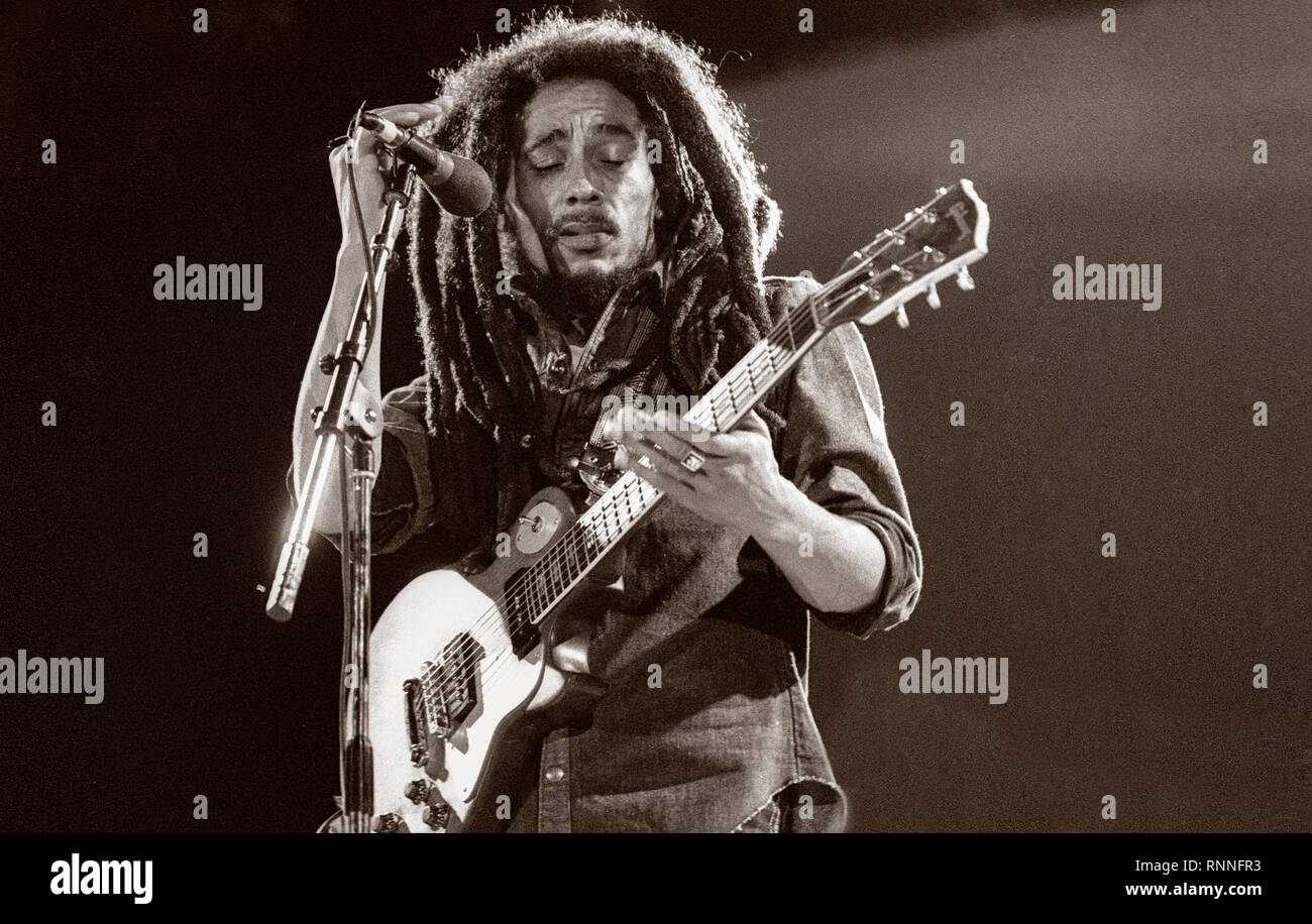 Bob Marley in concert, Drammenshallen, Oslo Norway 1982 Stock Photo
