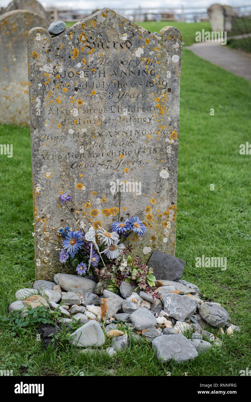 The original gravestone of Mary Anning before it was replaced in 2019. Visitors like to place fossils on the grave instead of flowers in her memory. Stock Photo