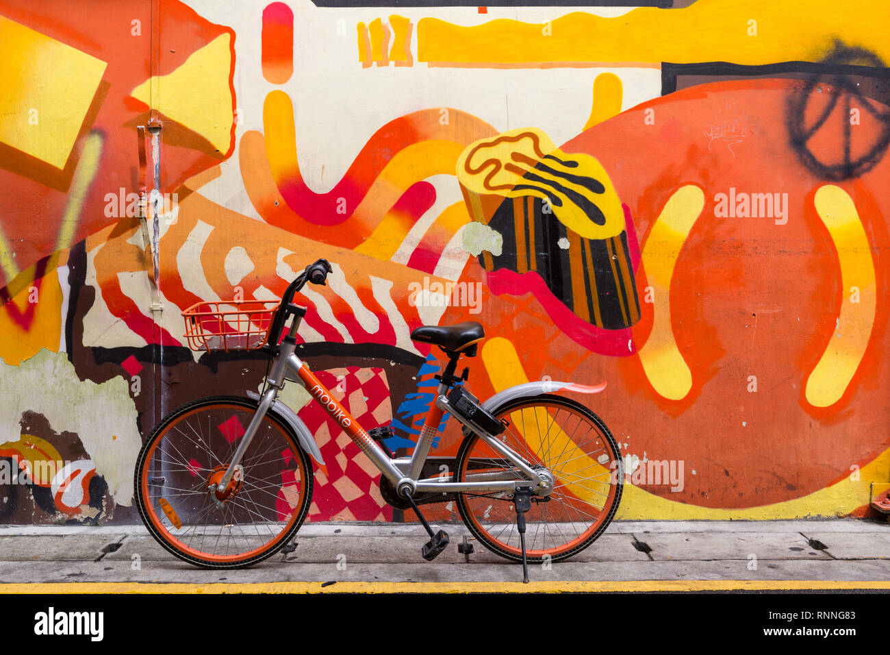Bicycle and Wall Art, Baghdad Street, Singapore Kampong Glam. Stock Photo