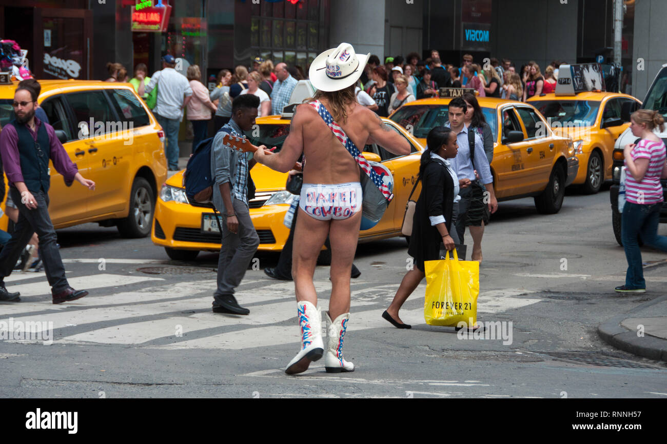 New York, USA - June 10, 2014: Naked cowboy on Times Square in New York City USA Stock Photo