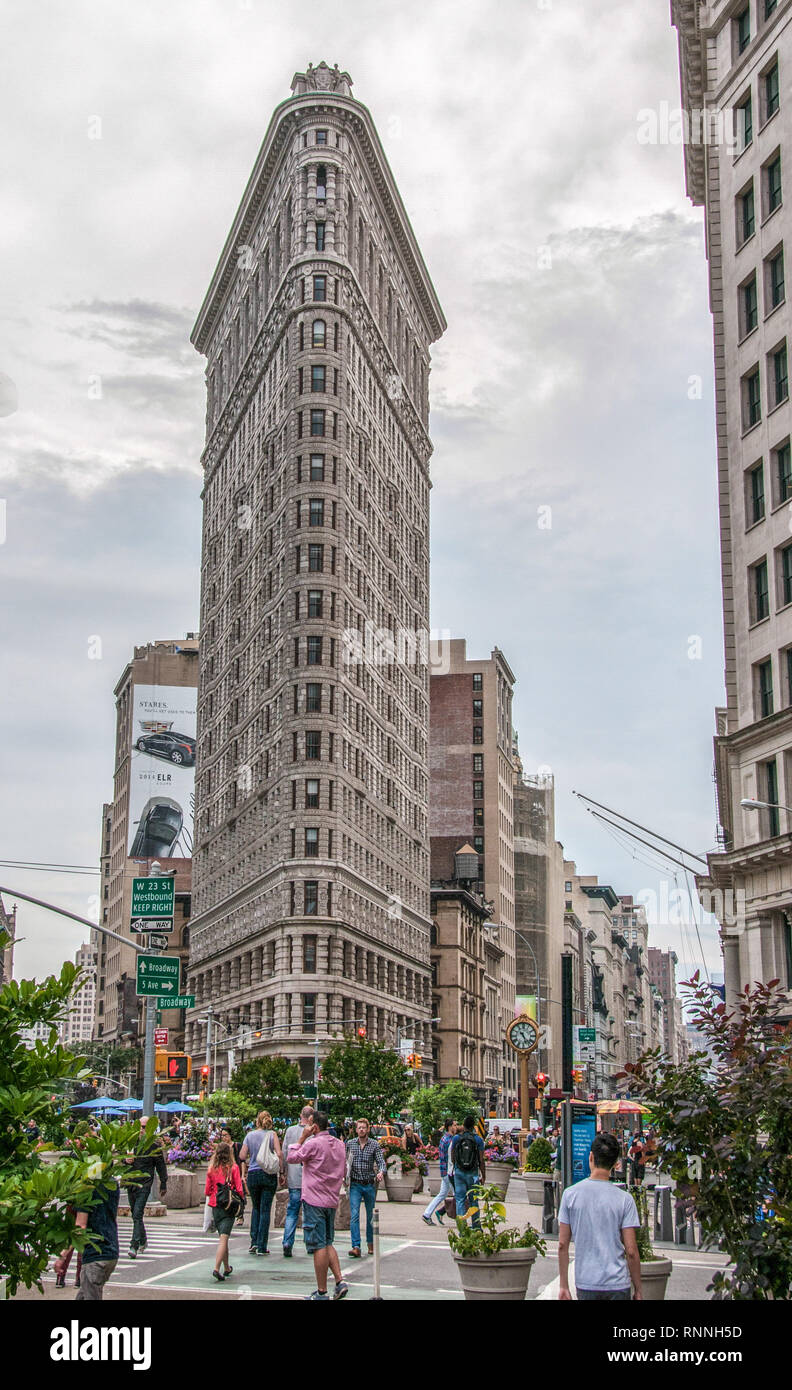 New York, USA - June 12, 2014: View of Flatiron Building on the street of Broadway in New York City Stock Photo