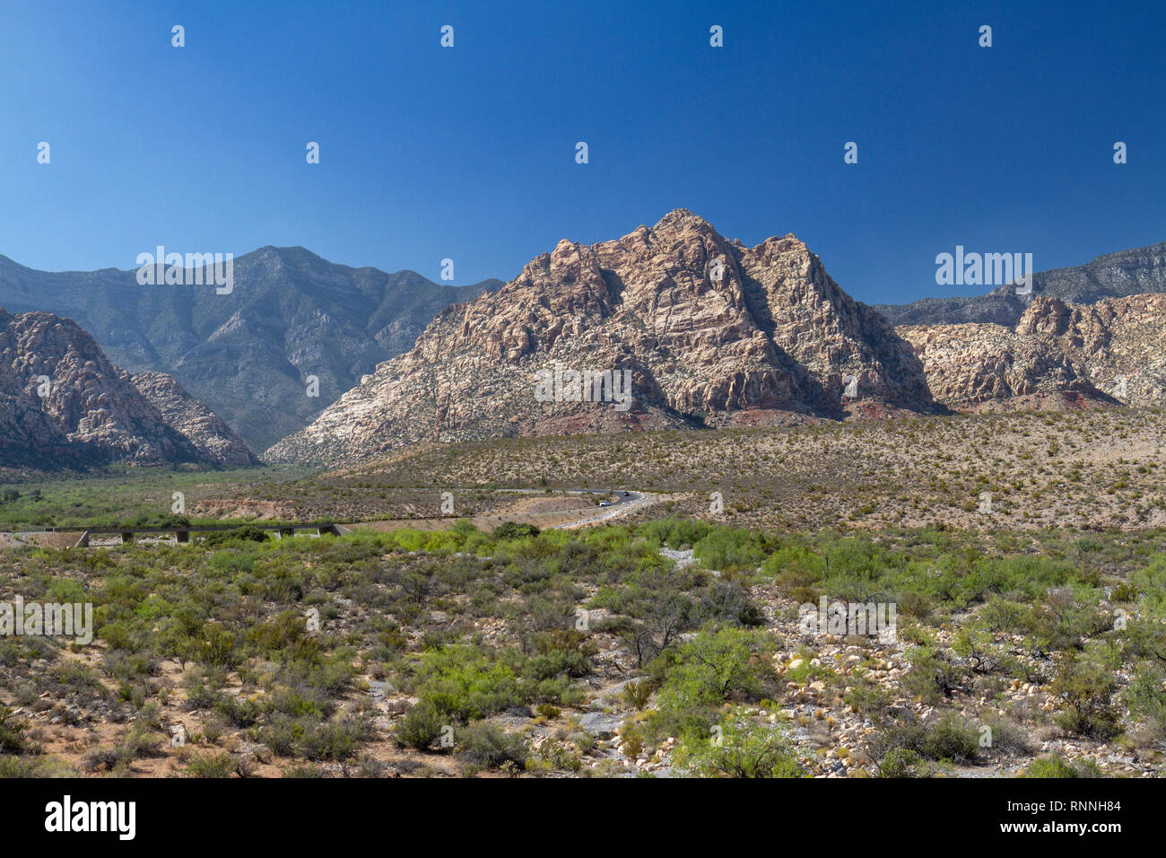 View towards the White Rock Hills, Red Rock Canyon National Conservation Area, Las Vegas, Nevada, United States. Stock Photo