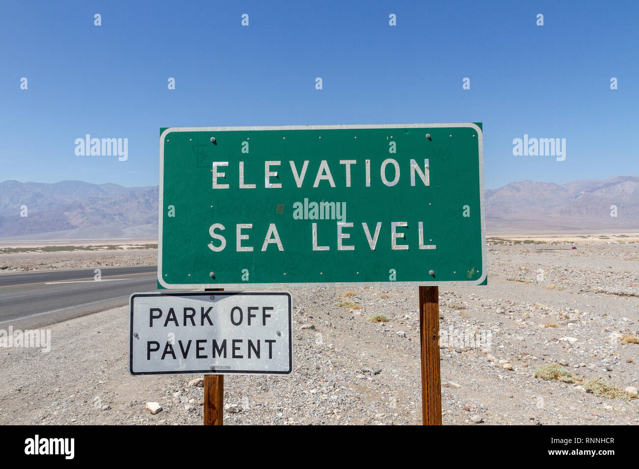 'Elevation Sea Level' road sign in Furnace Creek, Death Valley National Park, California, United States. Stock Photo