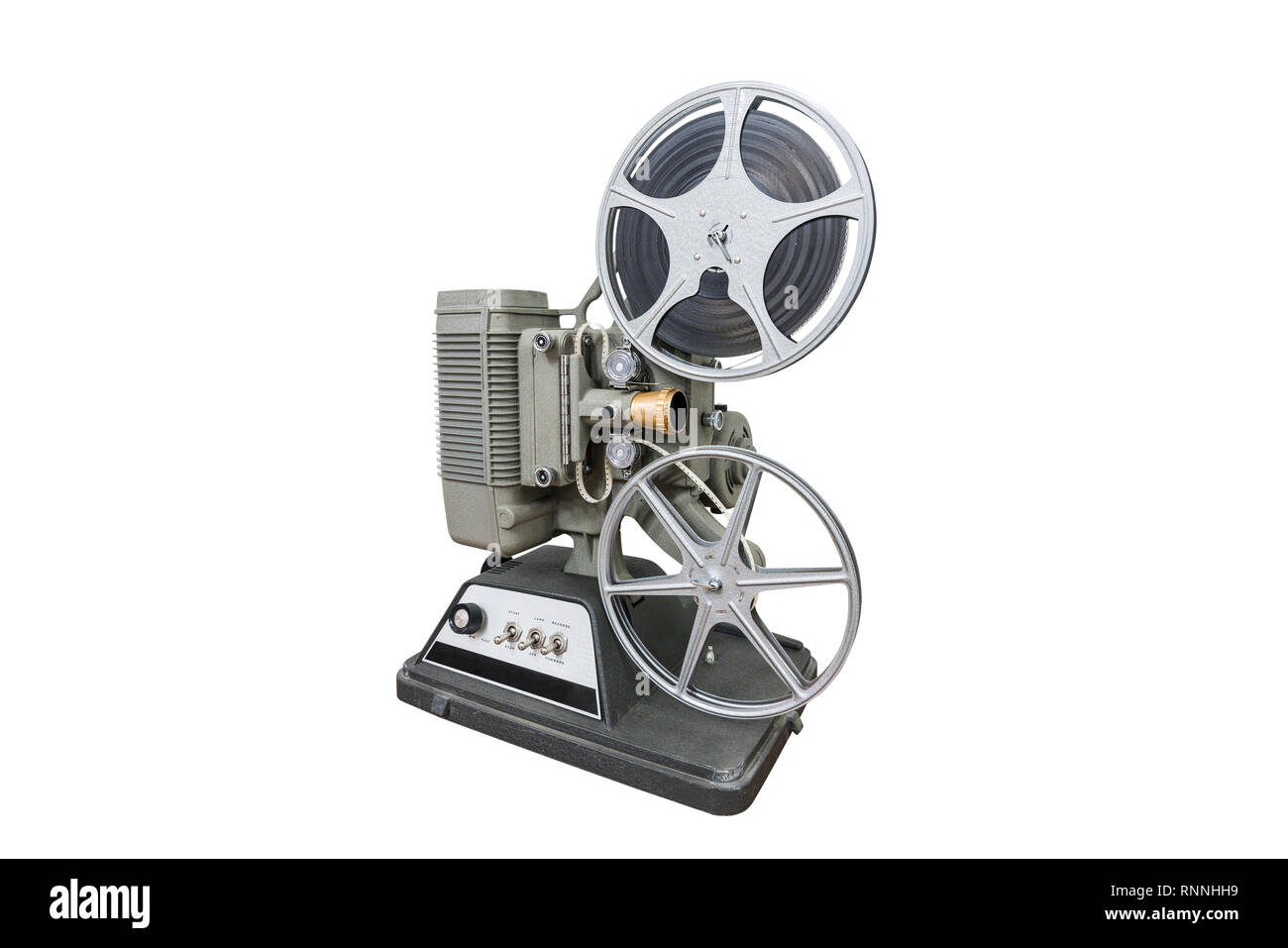 Vintage 8mm home movie projector and film cans isolated on white