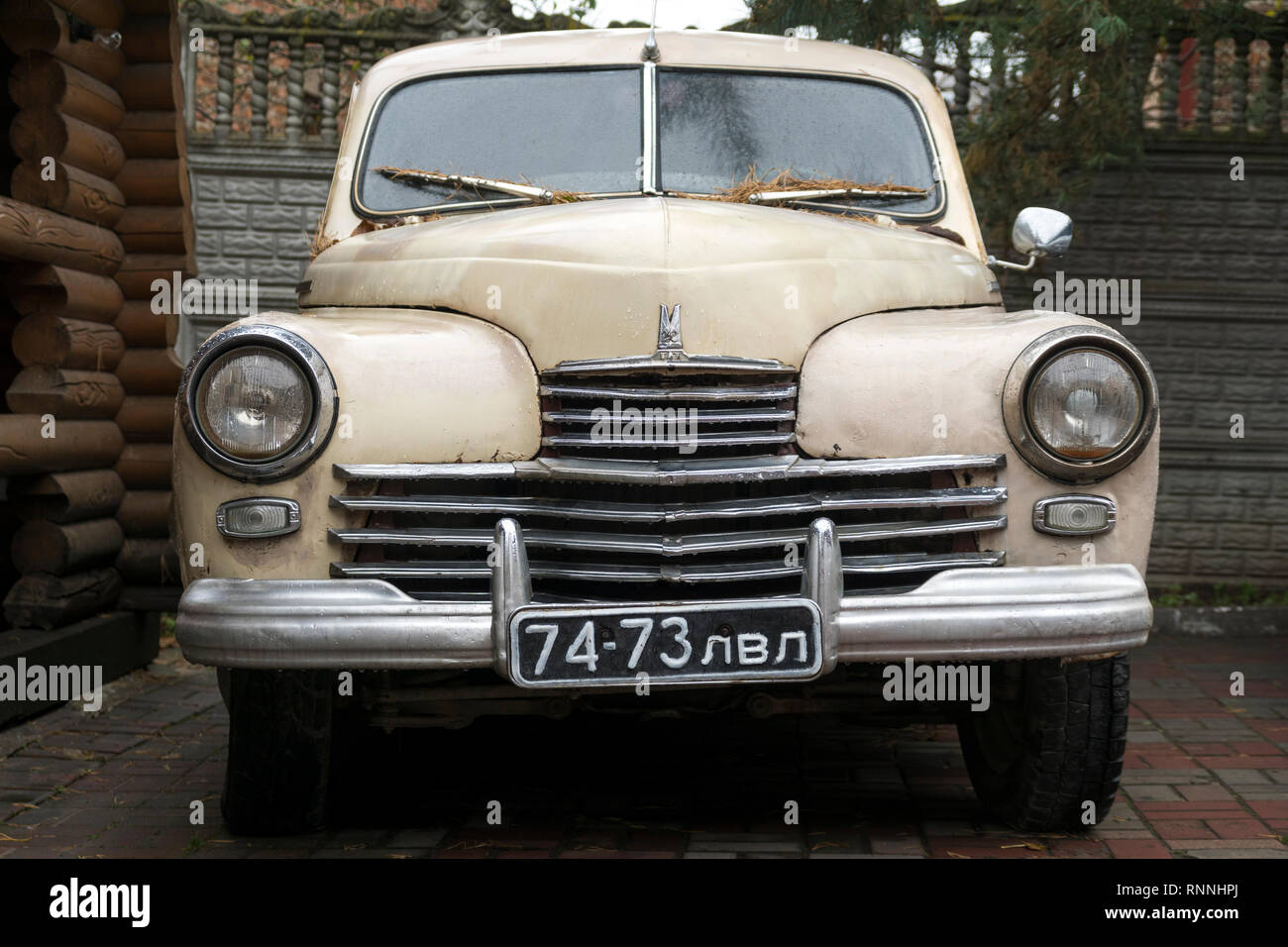Oldtimer GAZ-M20 Pobeda in the village Shehyni in Ukraine Stock Photo