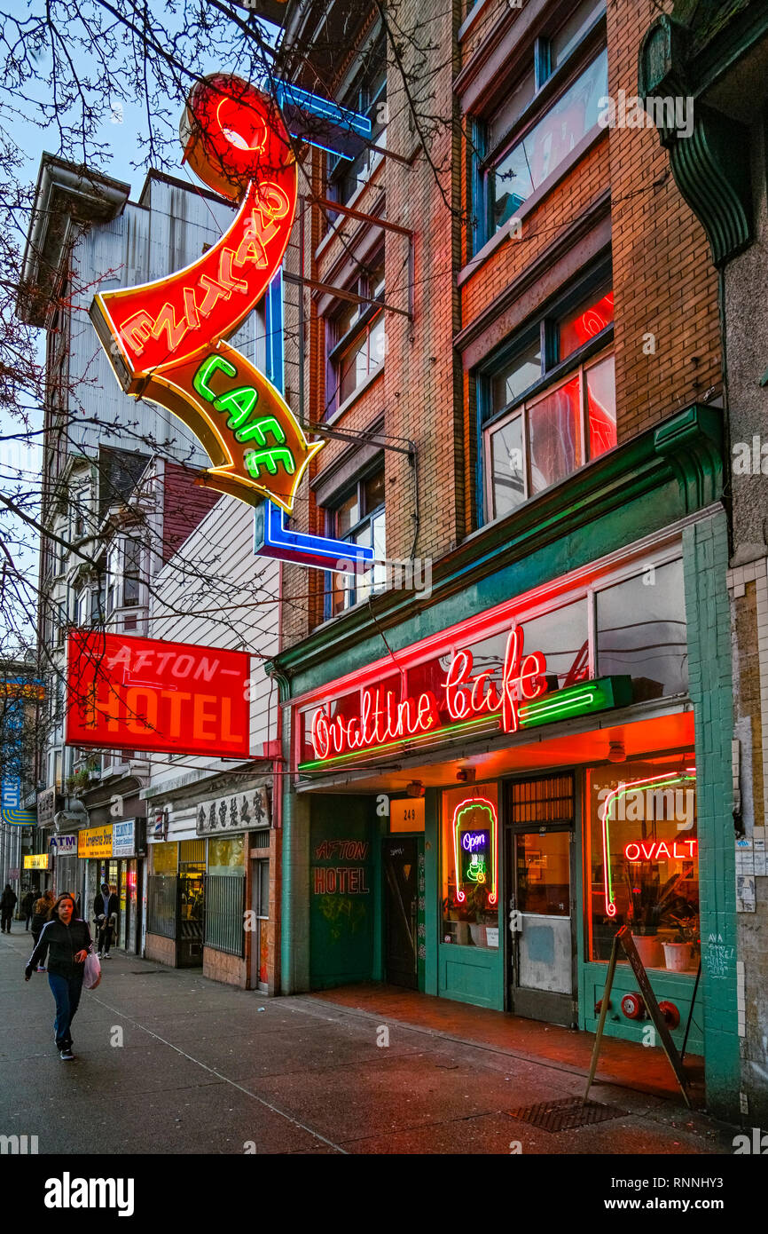 Afton Hotel and Ovaltine Cafe, East Hastings Street, Downtown Eastside, Vancouver, British Columbia, Canada Stock Photo