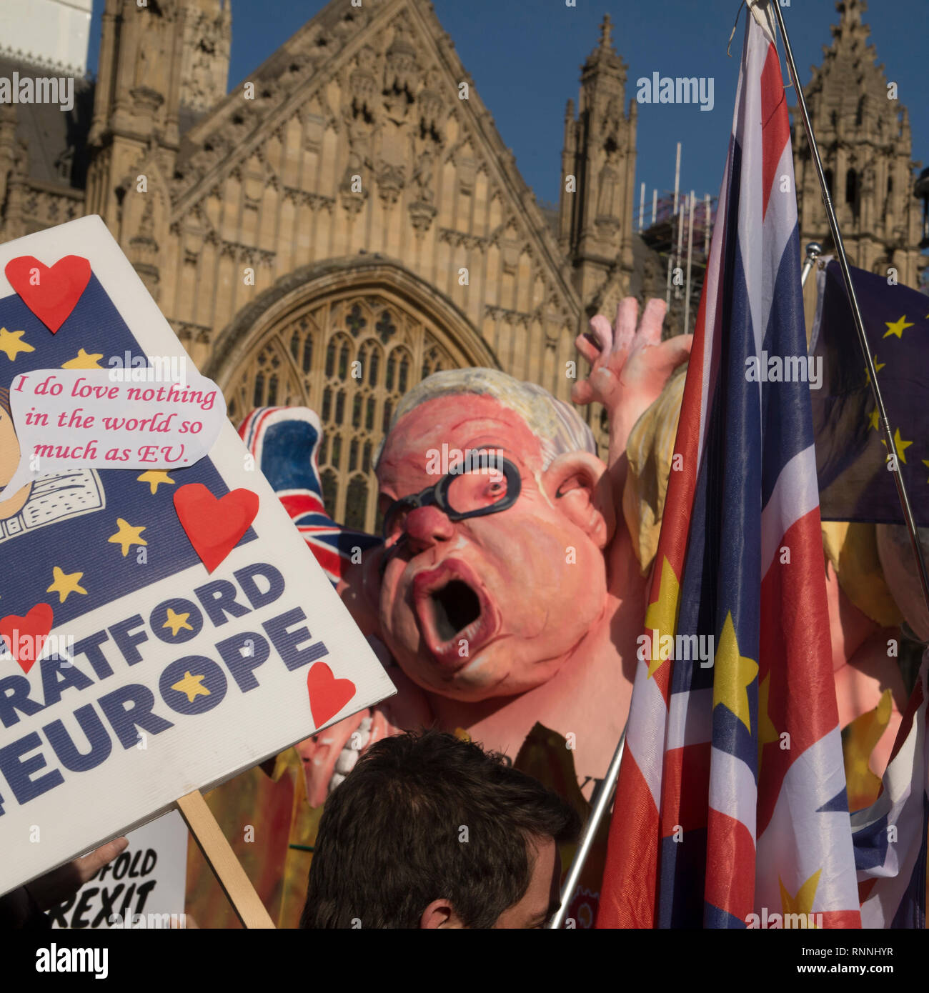 The Brexit Monstrosity passing SODEM at the St Valentines Day, Cake Not Hate event opposing Brexit. Stock Photo