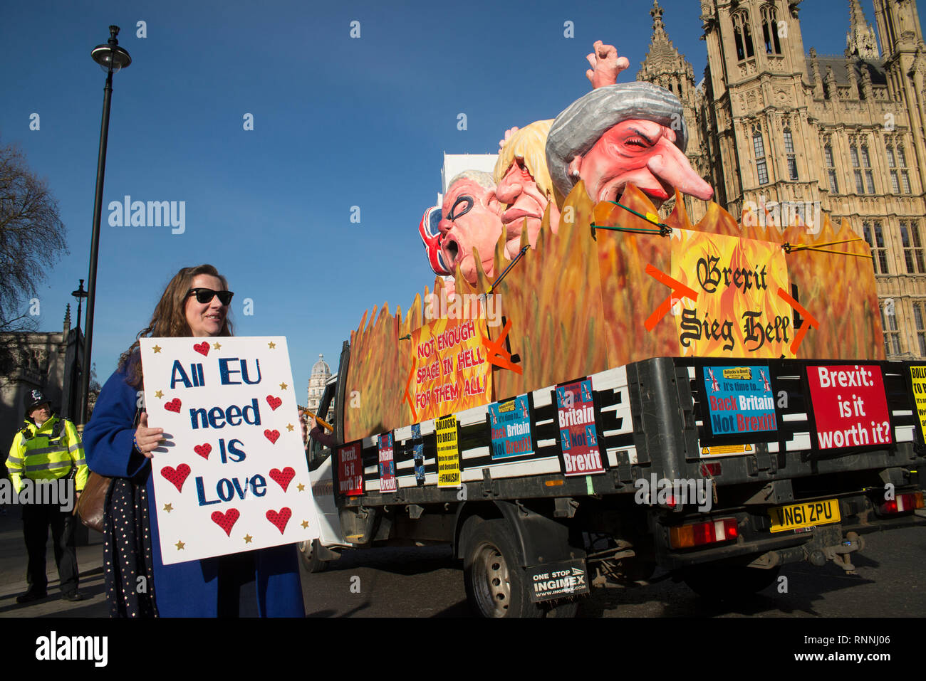 The Brexit Monstrosity passing the SODEM, St Valentines Day, Cake Not Hate event opposing Brexit. The float was created by Jacques Tilley. Stock Photo