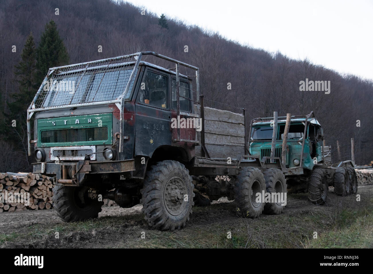 Old Star 266 and Star 66 6x6 Polish all-road military truck in Bieszczady,  Eastern Carpathian, Poland Stock Photo - Alamy