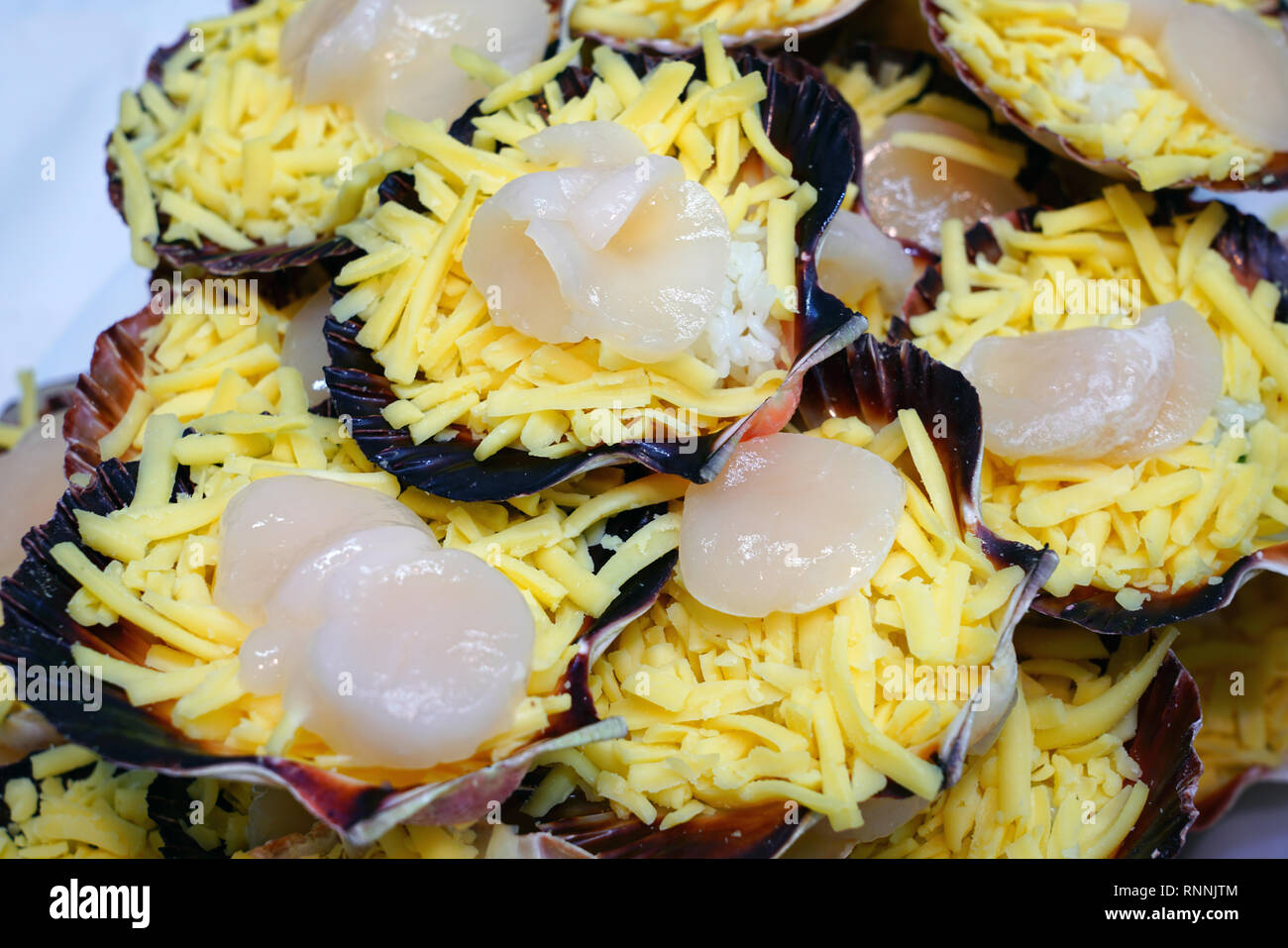 Broiled scallops with cheese on the shell at a fish market in Sydney