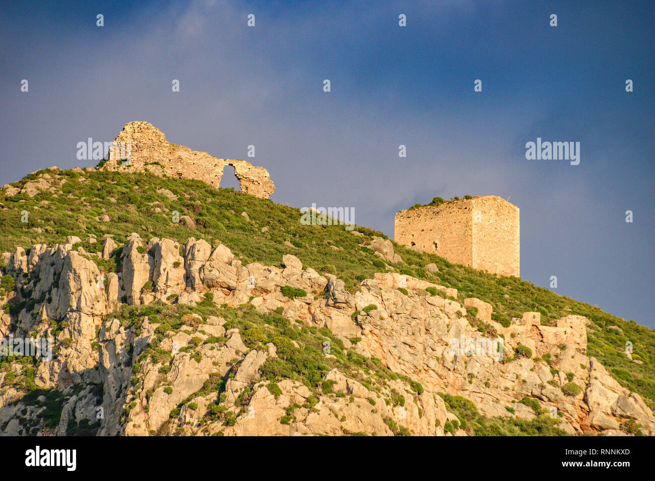 View of the fortress and the walls in Monemvasia, a medieval castle town located in Lakonia, Peloponnese, Greece. Monemvasia. Stock Photo
