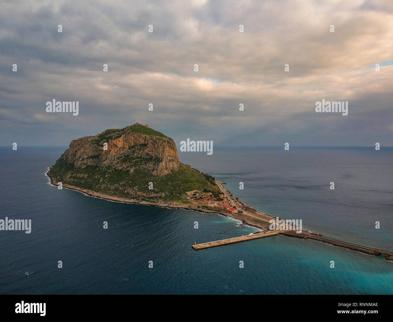Aerial panoramic view of the ancient hillside town of Monemvasia located in the southeastern part of the Peloponnese peninsula - Majestic scenery. Stock Photo