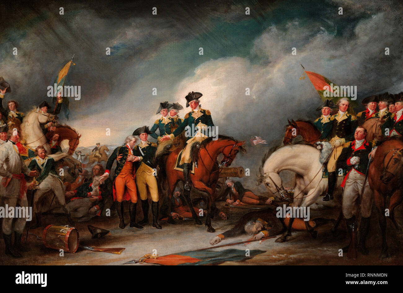 The Capture of the Hessians at Trenton, December 26, 1776 celebrates the important victory by General George Washington at the Battle of Trenton. In the center of the painting, Washington is focused on the needs of the mortally wounded Hessian Colonel Johann Rall. On the left, the severely wounded Lieutenant James Monroe is helped by Dr. John RIker. On the right is Major General Nathanael Greene on horseback. John Trumbull Stock Photo