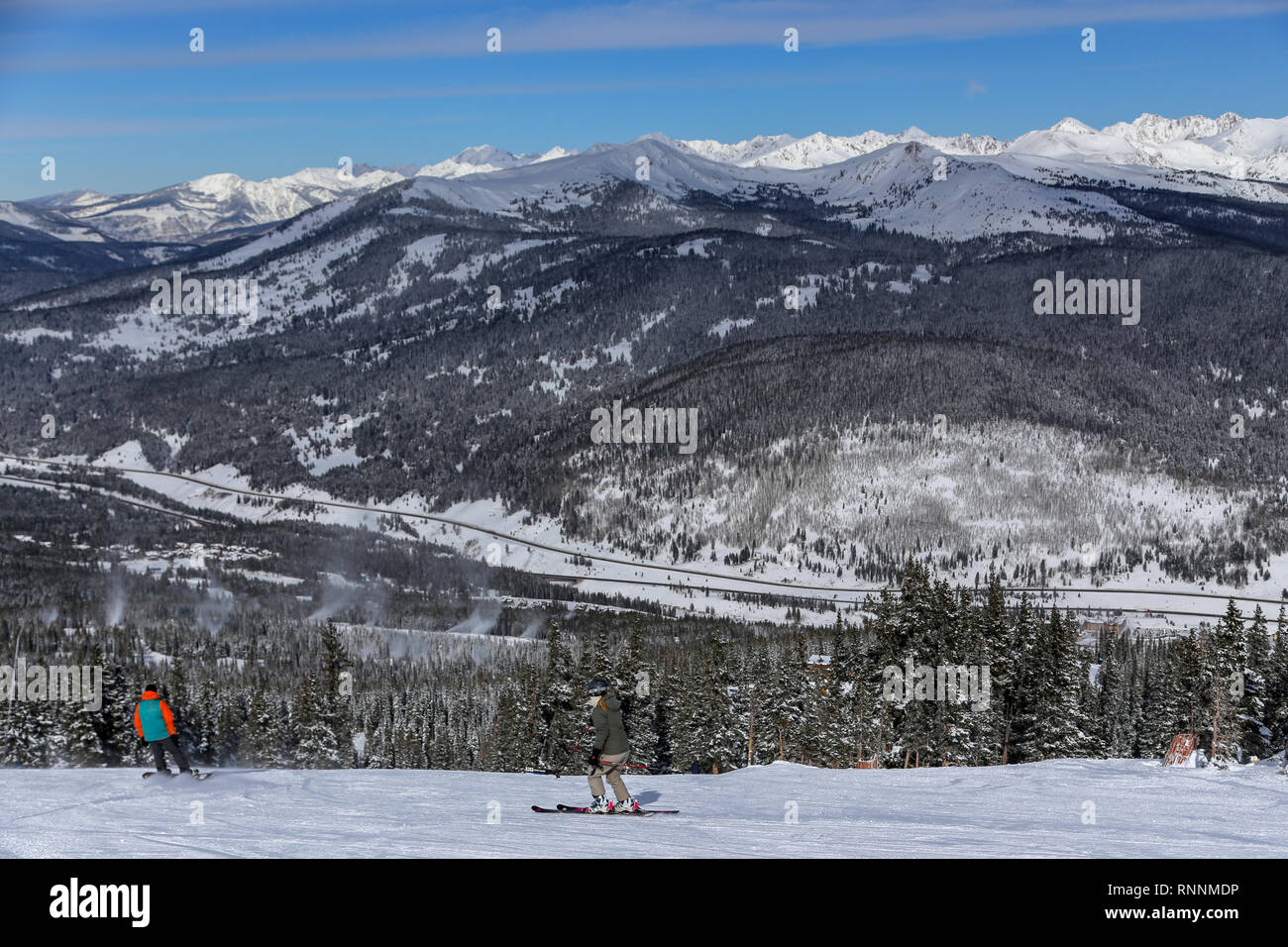 Skiers and snowboarders male and female at the top of Copper Mountain at Copper Mountain in the Colorado Rockies Stock Photo