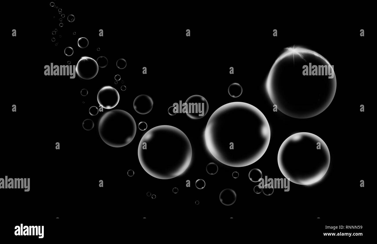 Clean water bubbles on isolated black background Stock Photo