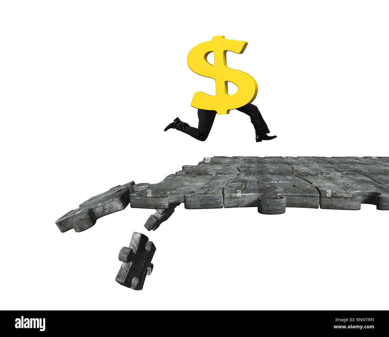 Dollar sign with human legs running on concrete puzzle ground with some pieces falling, isolated on white background. Stock Photo