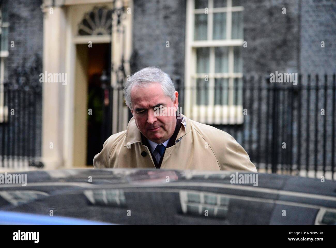 London, UK. 19th Feb, 2019.  Geoffrey Cox QC  MP,Attorney General leaves Downing Street after a weekly Cabinet meeting. Credit:  Claire Doherty/Alamy Live News Stock Photo