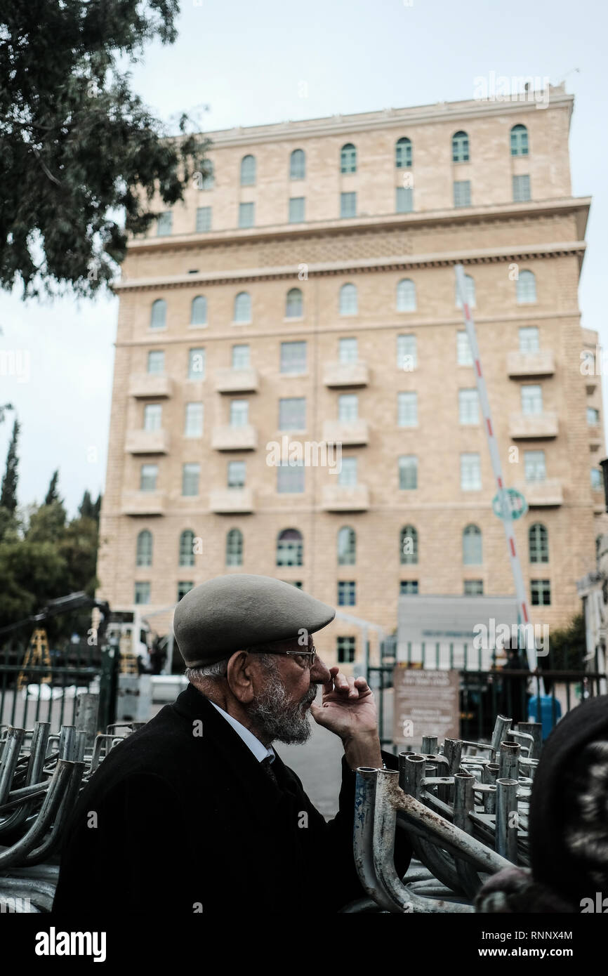 Jerusalem, Israel. 19th February, 2019. The Begin Heritage Center hosts a tour in Jerusalem at key locations marking 75 years to the February 1st, 1944, declaration of revolt against the British Mandate in Palestine by the leader of the Irgun underground, later to become prime minister of Israel, Menachem Begin. Jerusalem's King David Hotel is depicted where an attack was carried out on July 22, 1946, by the Irgun on the British administrative headquarters for Palestine in the southern wing of the hotel. Credit: Nir Alon/Alamy Live News Stock Photo