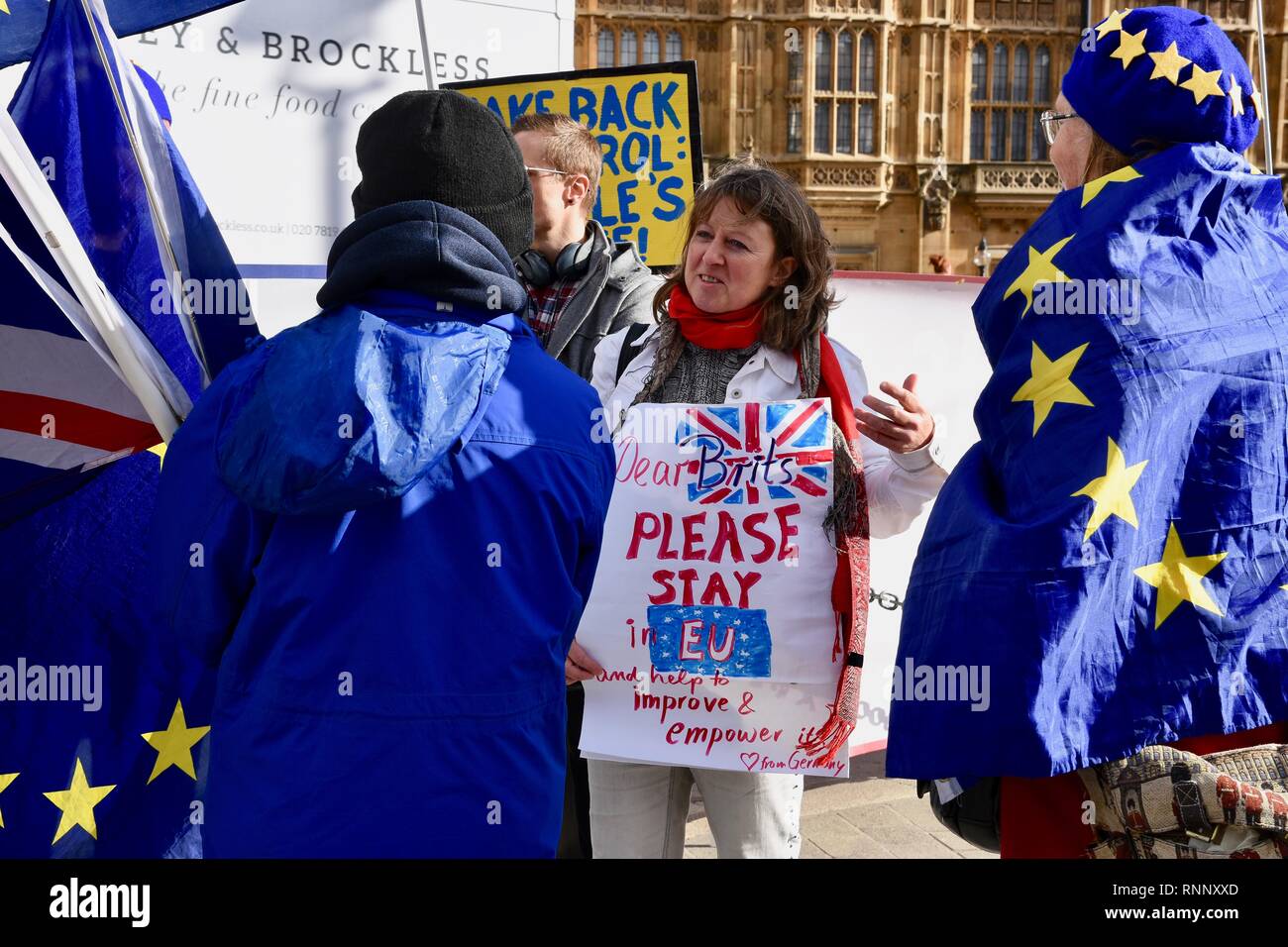 London, UK. 19th Feb, 2019. A German Citizen pleads for the British to stay in the EU.Pro EU Protest,Houses of Parliament,Westminster,London.UK Credit: michael melia/Alamy Live News Stock Photo