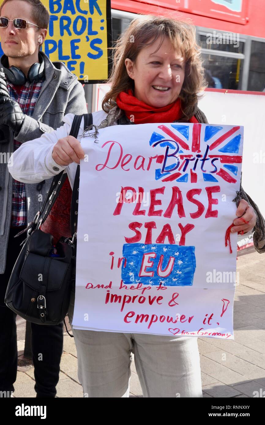 London, UK. 19th Feb, 2019. A German Citizen pleads for the British to stay in the EU.Pro EU Protest,Houses of Parliament,Westminster,London.UK Credit: michael melia/Alamy Live News Stock Photo