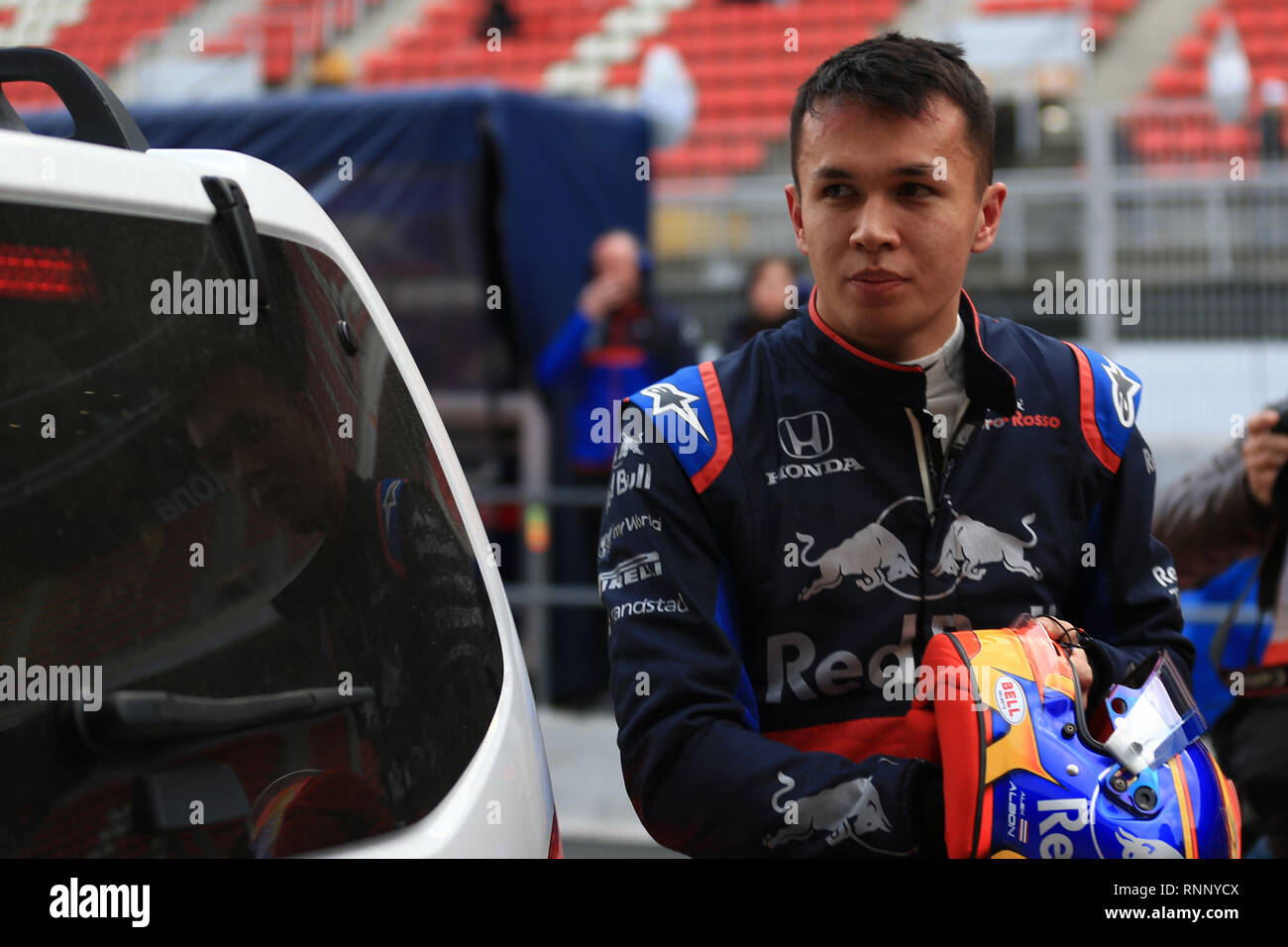 Barcelona, Spain. 19th Feb, 2019. Formula One Testing; Scuderia Toro Rosso, Alexander Albon returns to the pit lane for talks with his team Credit: Action Plus Sports/Alamy Live News Stock Photo