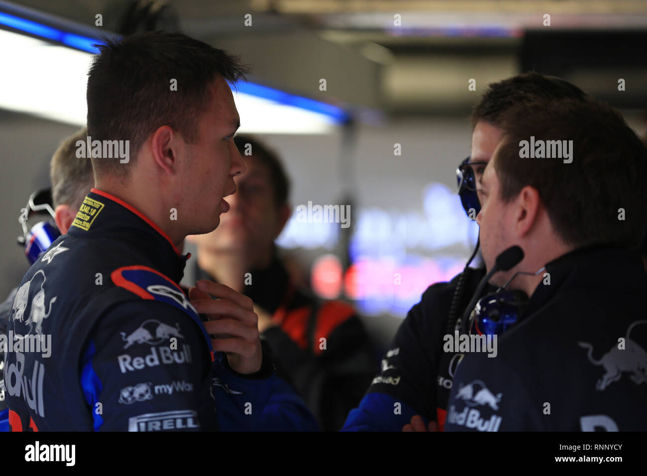 Barcelona, Spain. 19th Feb, 2019. Formula One Testing; Scuderia Toro Rosso, Alexander Albon returns to the pit lane and talks with his team Credit: Action Plus Sports/Alamy Live News Stock Photo