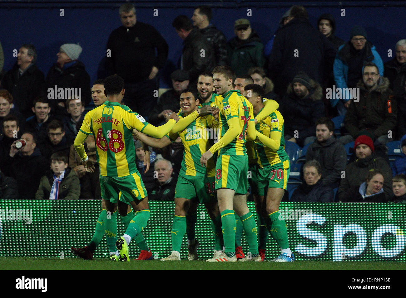 London, UK. 19th Feb, 2019. Jefferson Montero of West Bromwich Albion  (m) celebrates with his teammates after scoring his team's first goal. EFL Skybet championship match, Queens Park Rangers v West Bromwich Albion at Loftus Road Stadium in London on Tuesday 19th February 2019.  this image may only be used for Editorial purposes. Editorial use only, license required for commercial use. No use in betting, games or a single club/league/player publications. pic by Steffan Bowen/Andrew Orchard sports photography/Alamy Live news Credit: Andrew Orchard sports photography/Alamy Live News Stock Photo