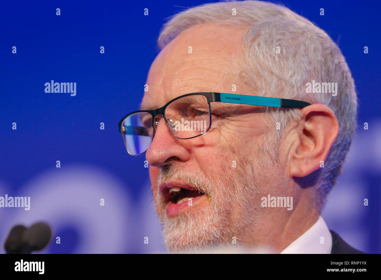 London, UK. 19th Feb, 2019. Jeremy Corbyn MP Leader of Labor Party is seen speaking during the 2019 National Manufacturing Conference in Queen Elizabeth II Center. The conference addresses the difficulties and challenges the manufacturing sector will face post-Brexit. Credit: Dinendra Haria/SOPA Images/ZUMA Wire/Alamy Live News Stock Photo